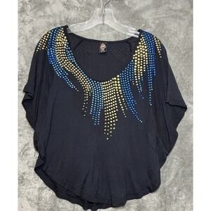 Free People Studded Dolman V-Neck Top Black Gold Blue Embellished XS OB32054